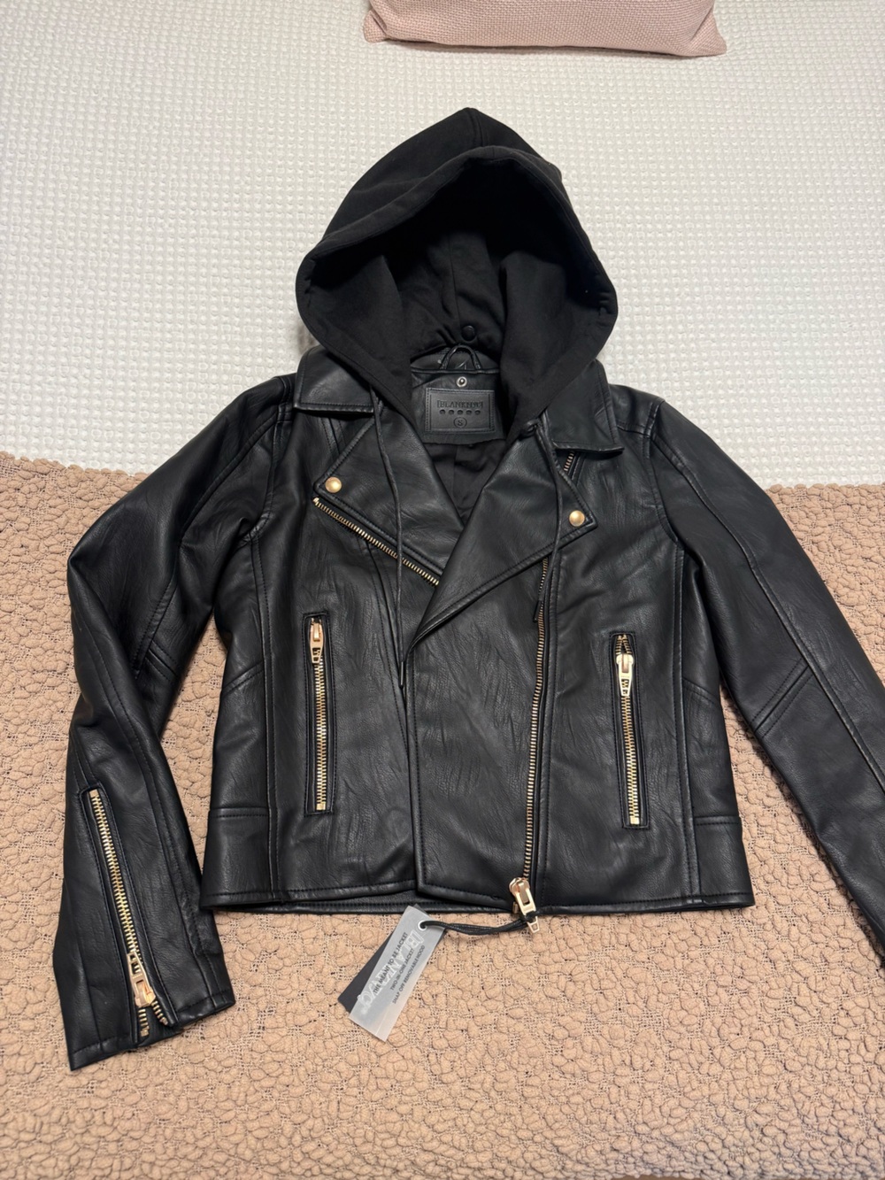 Blank NYC Black Faux Leather Moto Jacket with Hood and Gold Hardware Accents
